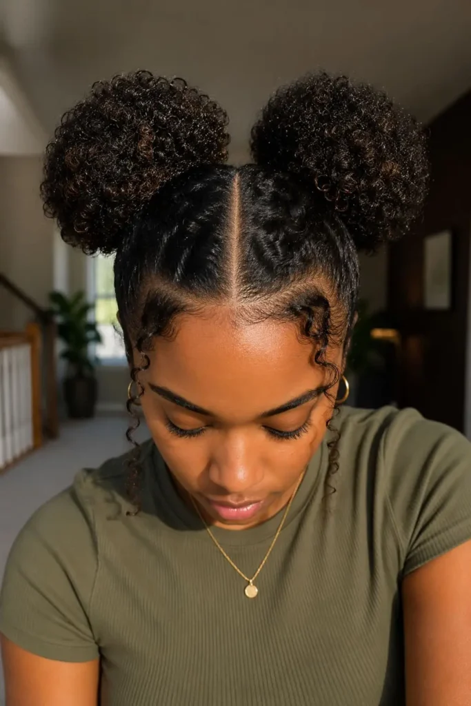 double space buns volleyball hairstyle for long hair