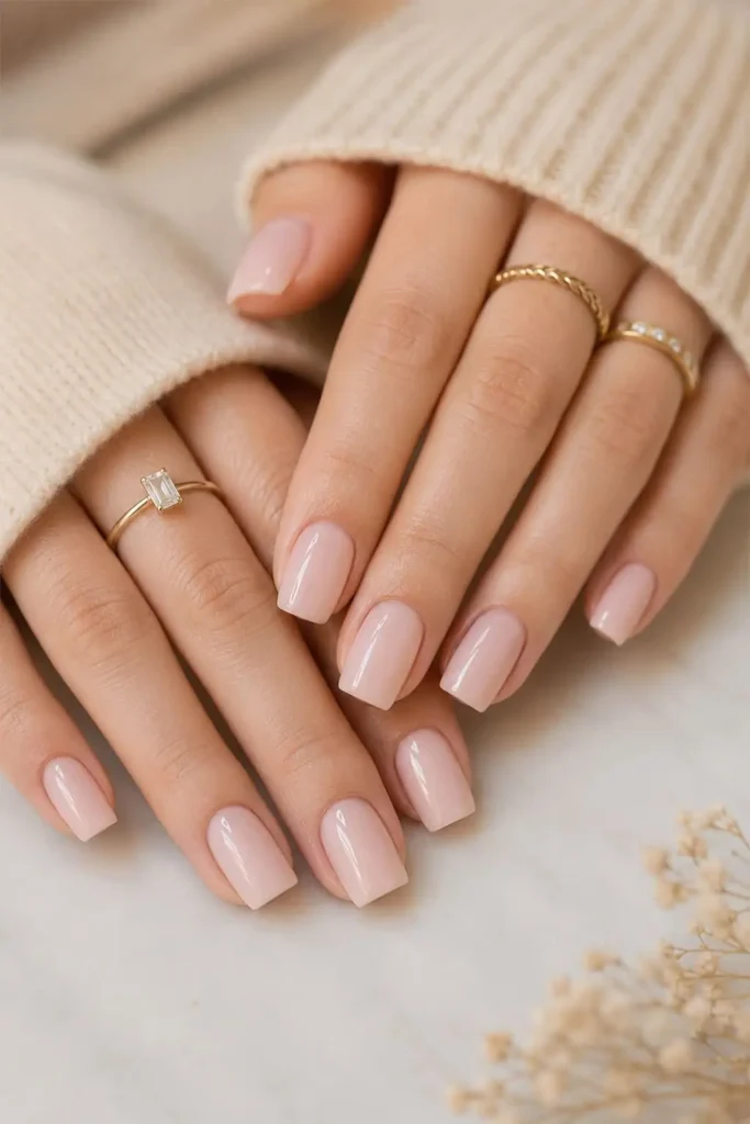 Elegant square-shaped bridal nails in a soft pale pink shade