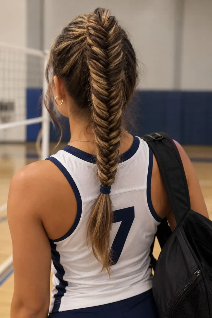 fishtail braid volleyball hairstyle for long hair