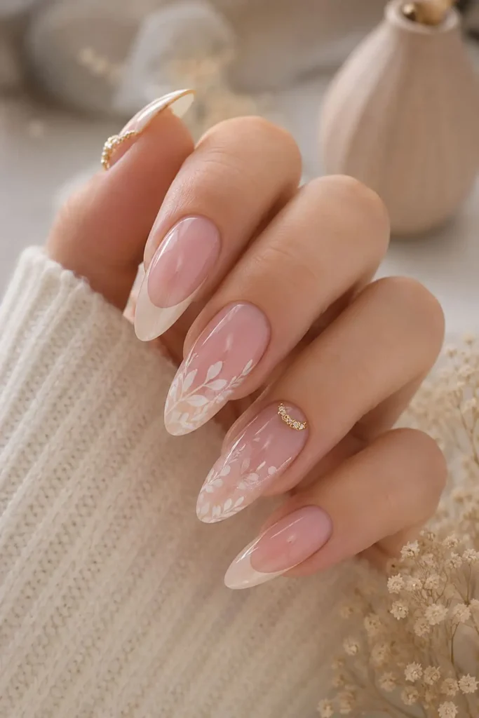 Elegant floral bridal nail designs with delicate white flowers