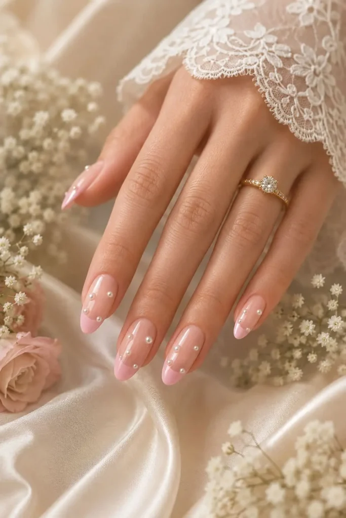 Fun and flirty pastel French bridal nails with pearl accents