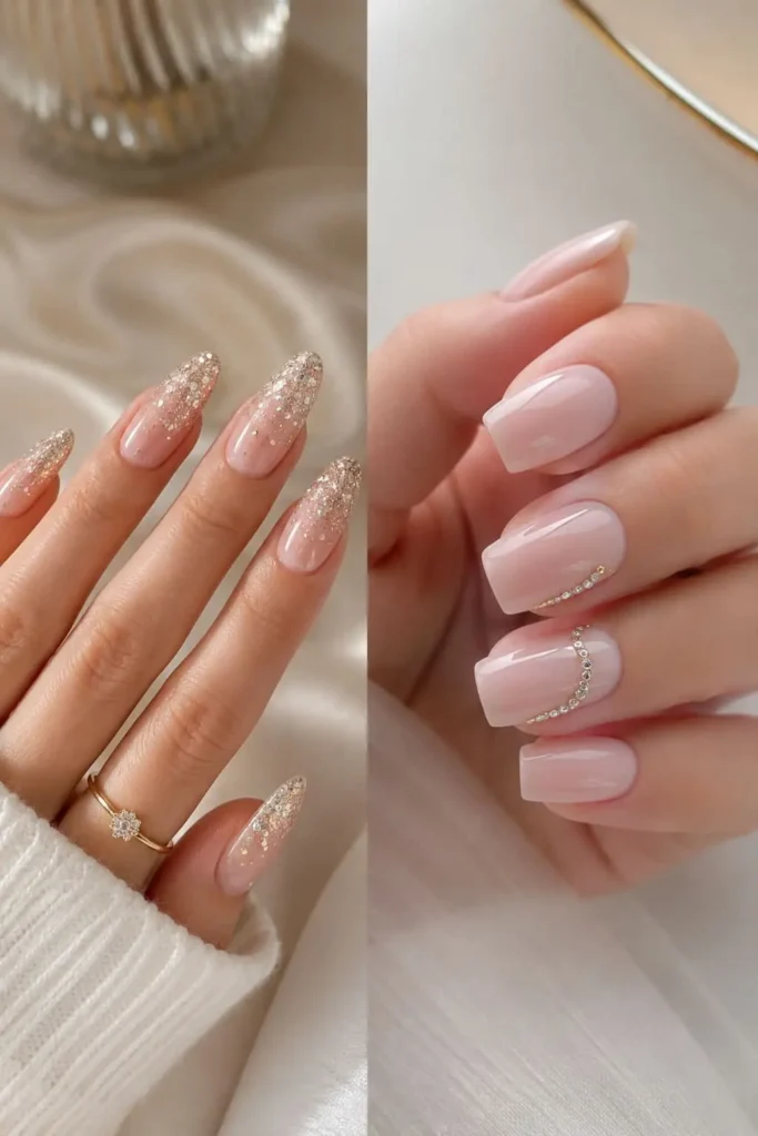 Elegant glitter and rhinestone wedding nails with subtle sparkle