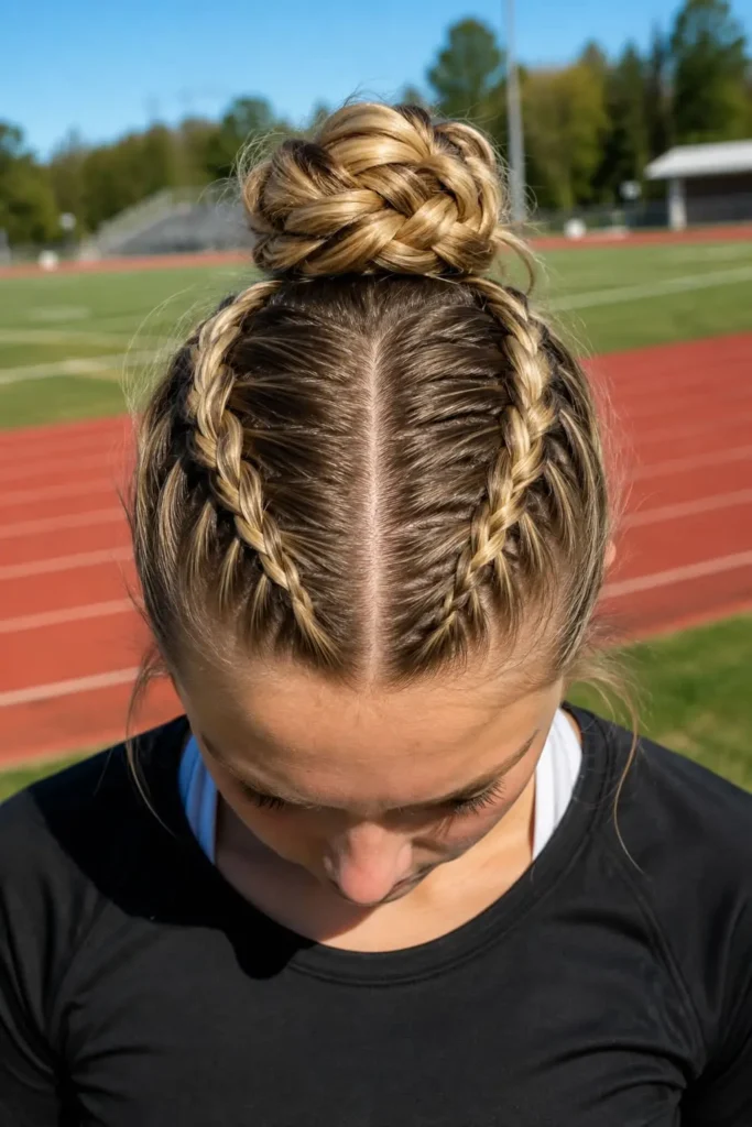 half up braids with bun volleyball hairstyle for long hair