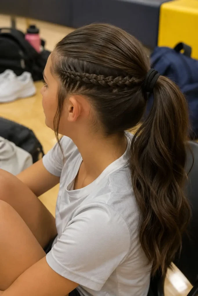 high ponytail with side braids volleyball hairstyle