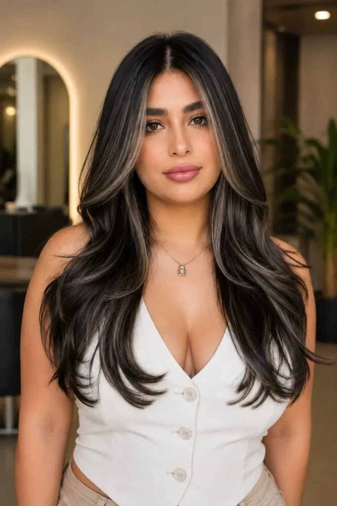 Long layered hairstyle with highlights that accentuate the movement of the layers
