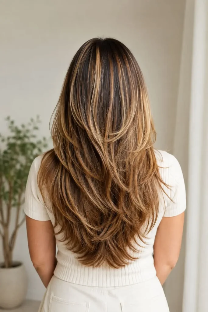 Long hippie layered hairstyle with soft boho waves and flowing texture