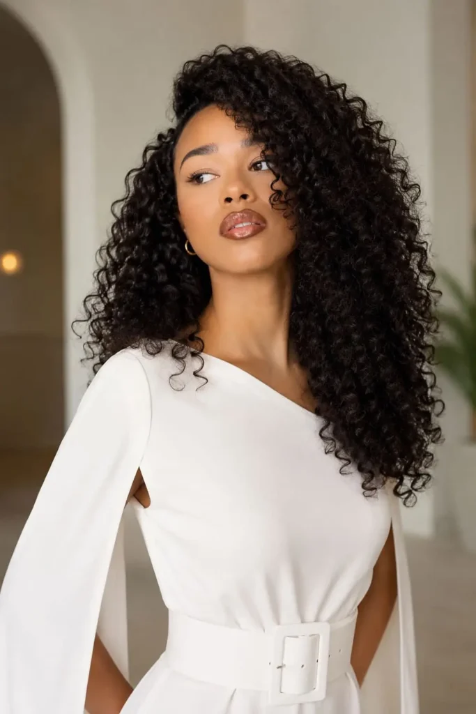 Long curly layered hairstyle with bouncy curls and a deep side part