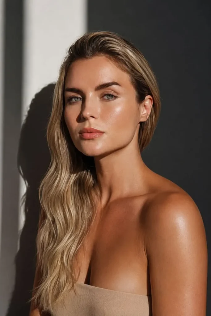 Long layered hair with soft face-framing strands and cascading movement
