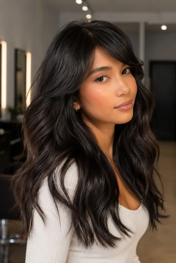 Long layered haircut with blended layers that add movement and volume