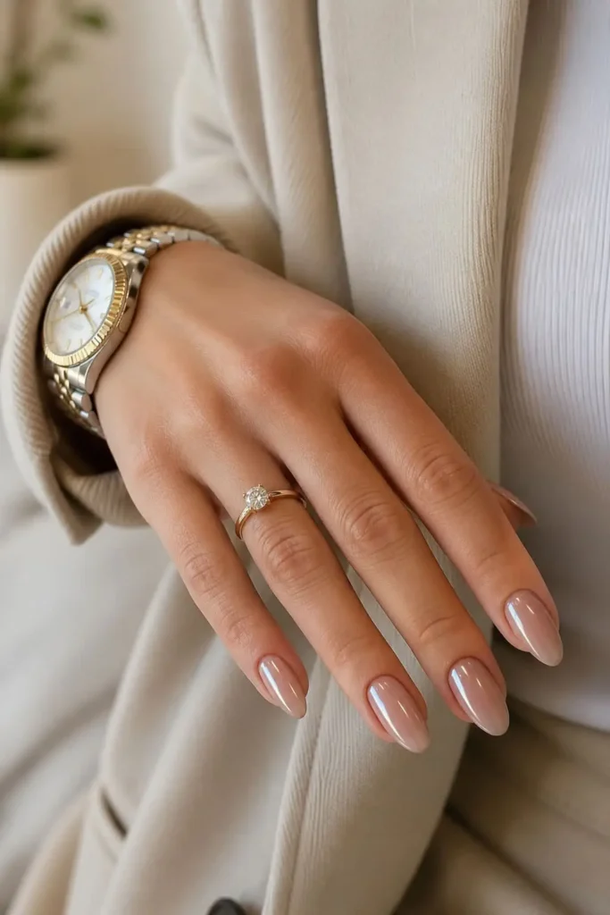 Minimalist neutral chrome bridal nails with a nude base