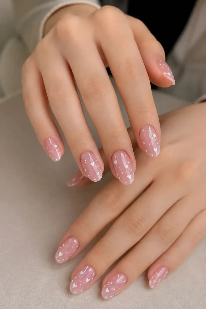 Sweet polka-dot bridal nails with a magnetic cat-eye base
