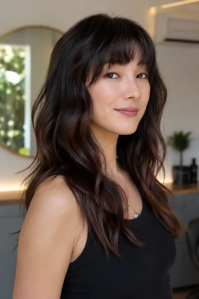 Long layered hair with short baby bangs and flowing lengths