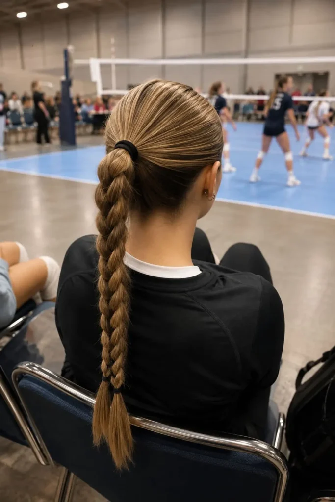 slick back two twist volleyball hairstyle for long hair