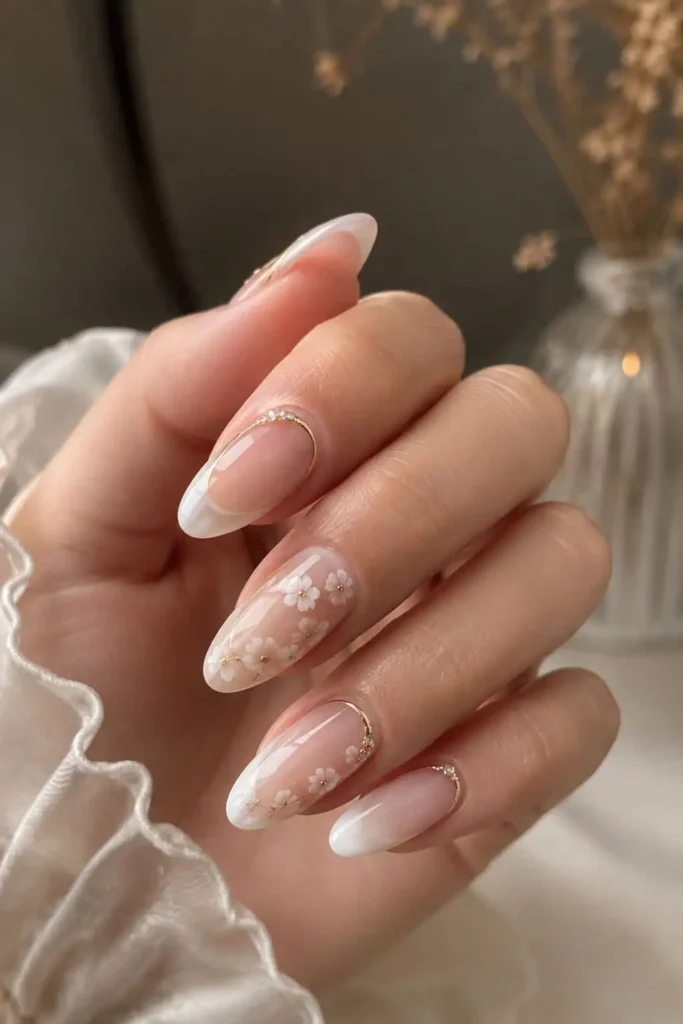 Elegant wedding lace nails with delicate white lace nail art