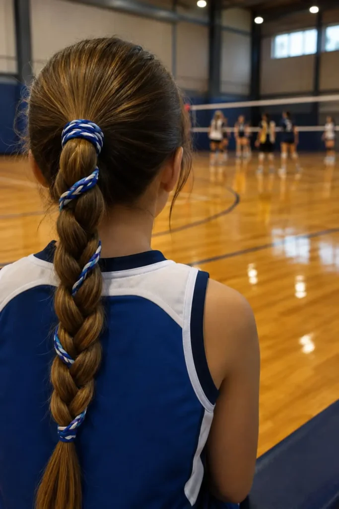 wrap around tie ponytail volleyball hairstyle for long hair