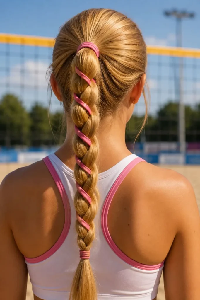 wrapped braid ponytail volleyball hairstyle for long hair