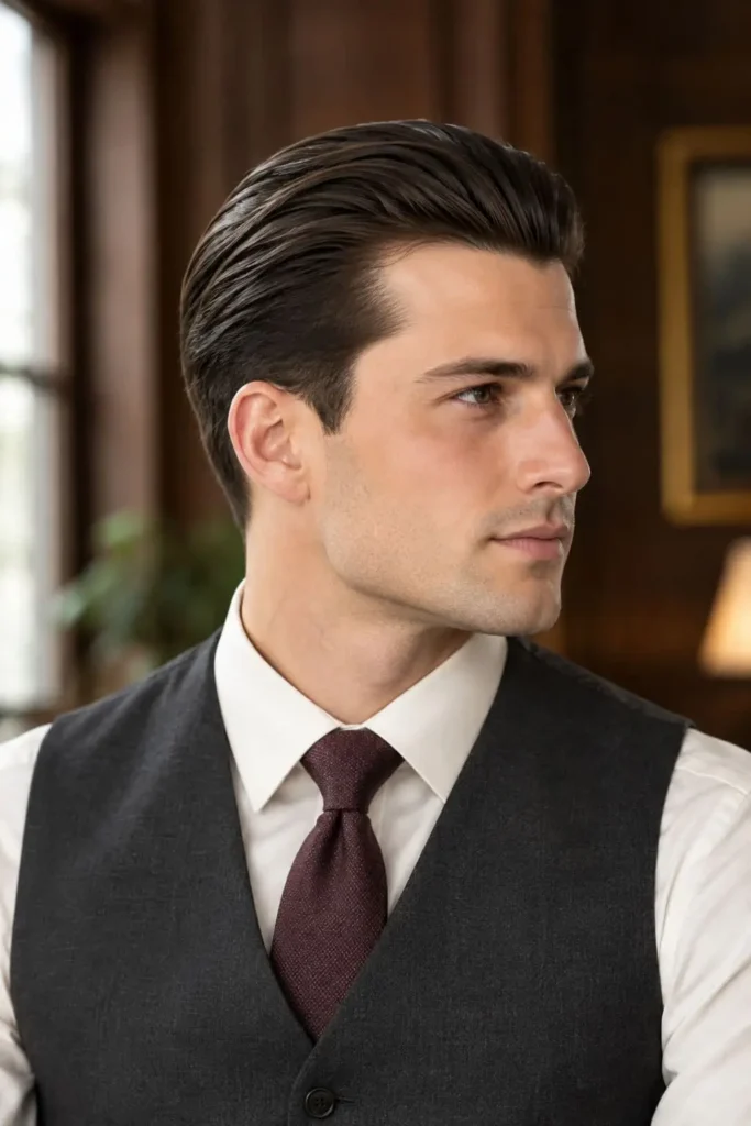Classic 1920s slick back hairstyle for men with neatly combed hair
