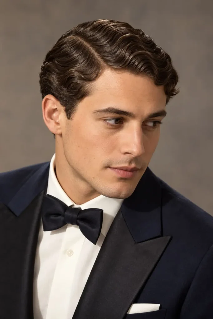 1920s curly hairstyle for men with controlled natural texture and slicked sides