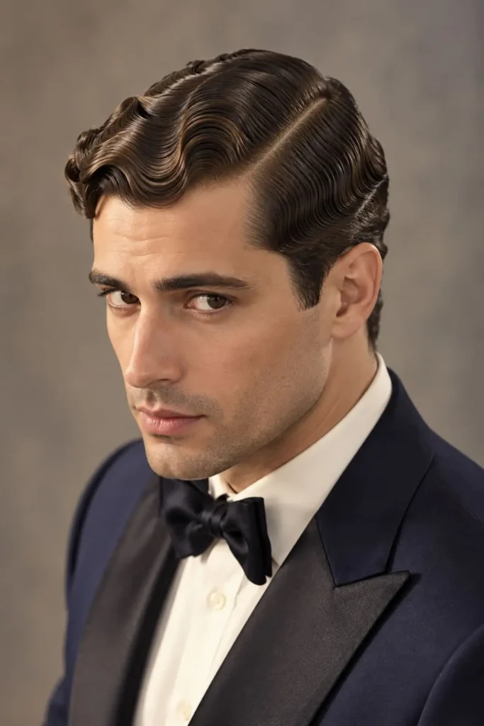1920s men's finger waves with sleek defined hair and vintage styling