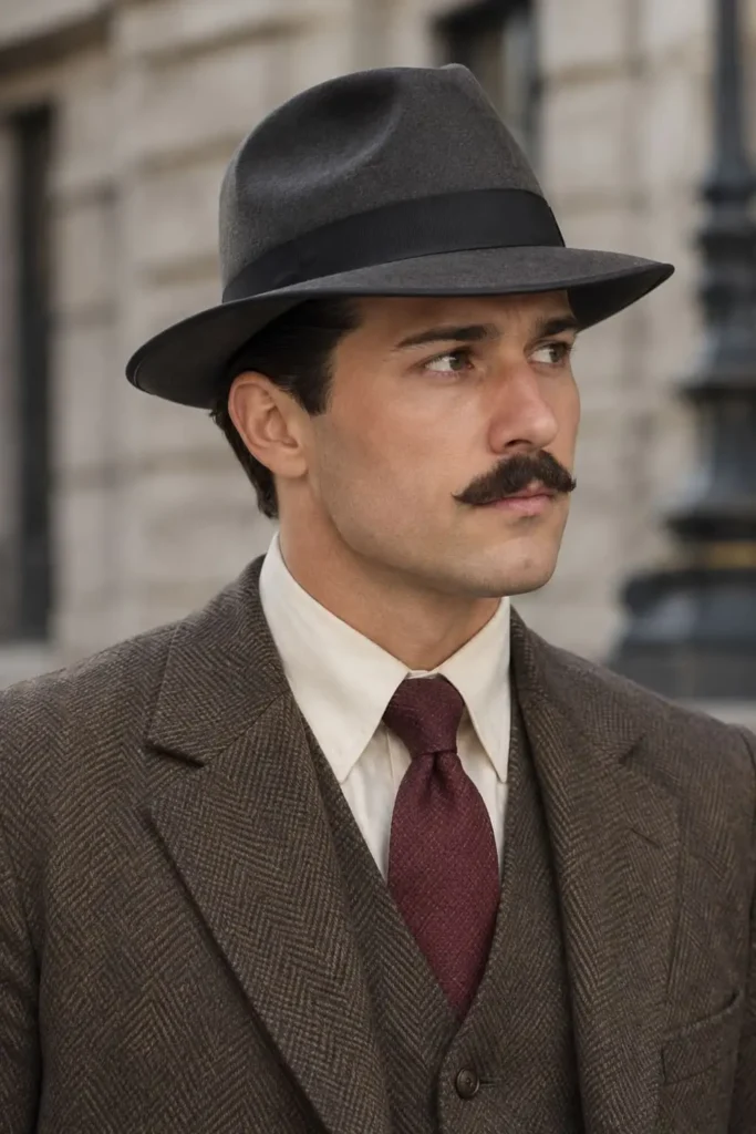 1920s men's hairstyles paired with vintage fedora, boater, and flat cap hats