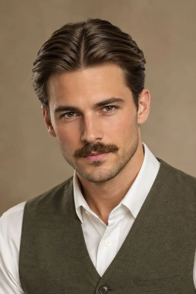 Slicked middle part hairstyle for men inspired by 1920s grooming