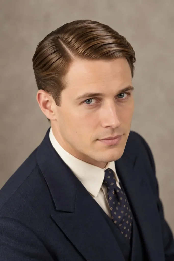 1920s men's slicked side part with short sides and polished top
