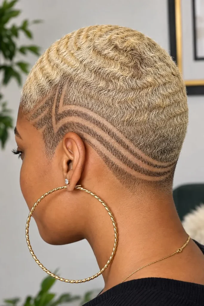 360 waves with a shaved design on short afro-textured hair