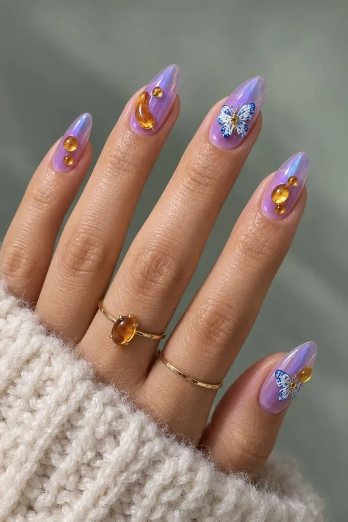 Tropical 3D gel nails with colorful flowers and glossy finish