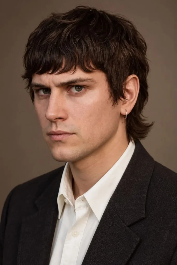 90s mod haircut with choppy layers, low fringe, and short sides