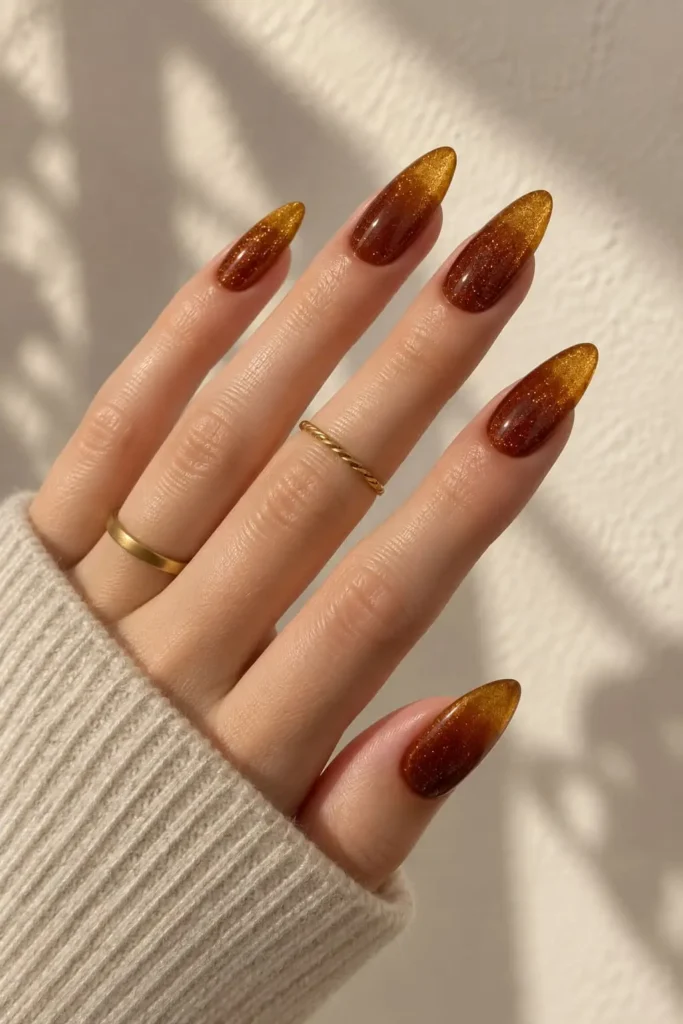 Transparent amber glass gel nails with a glossy shimmery finish
