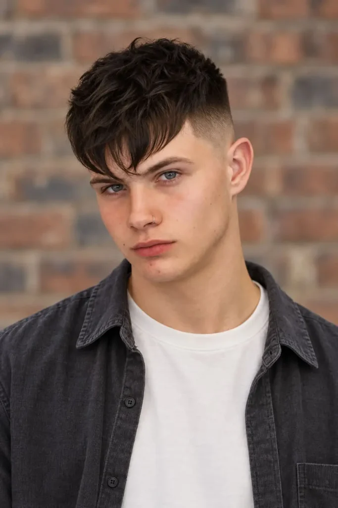 Angular fringe haircut for men with round faces and diagonal textured bangs