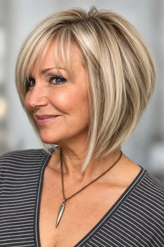 Asymmetrical bob haircut for women over 60 with wavy hair
