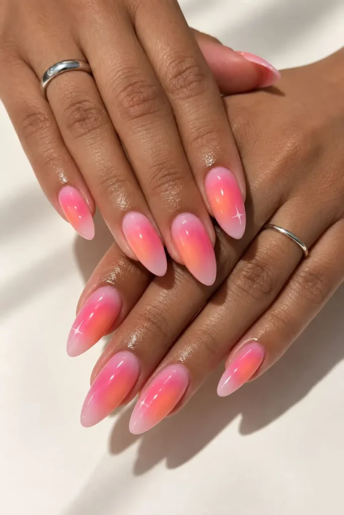 Barbie pink aura nails with a sheer pink base and vibrant hot pink center glow