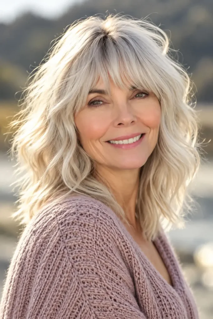 Shoulder-length beachy waves for women over 60 with fine hair