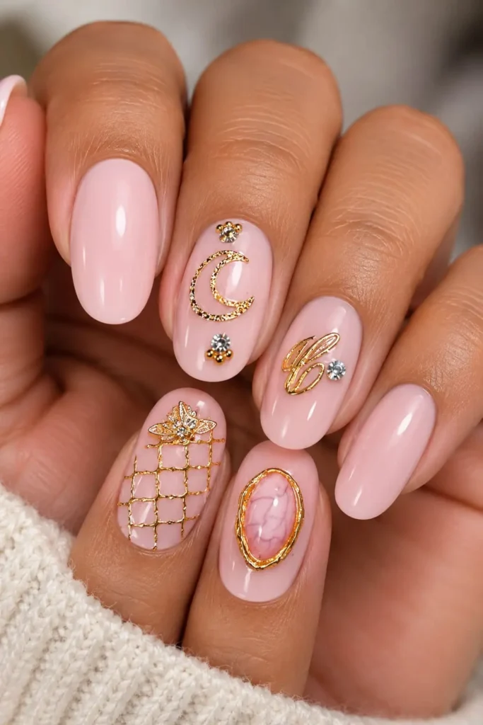 Bedazzled nude nails with elegant jewelry-inspired charm accents
