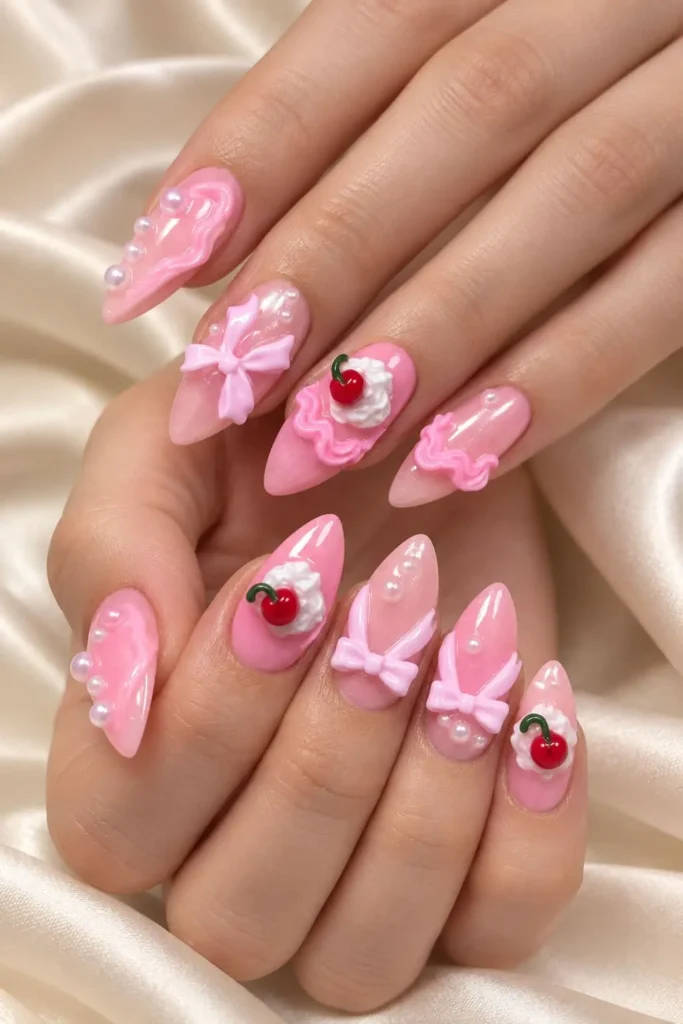 Nude birthday nails with glossy 3D pink bows and cake-inspired accents