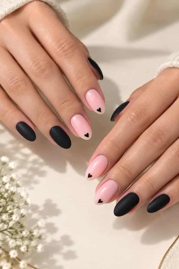 Short square nails with tiny black heart accents on a sheer pink nude base