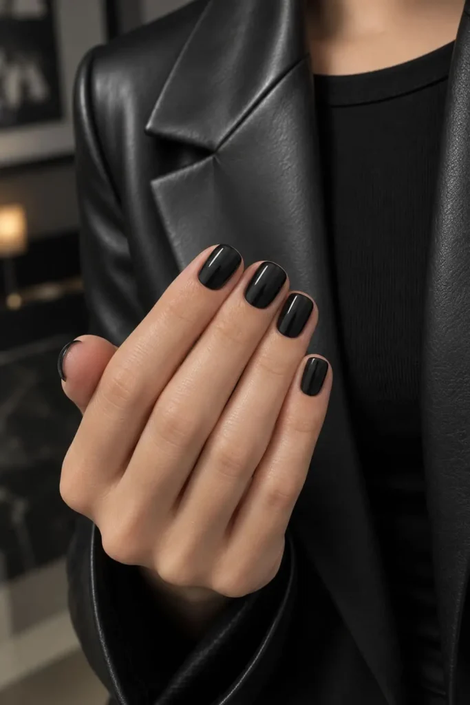 Short black liquorice gel nails with a glossy finish