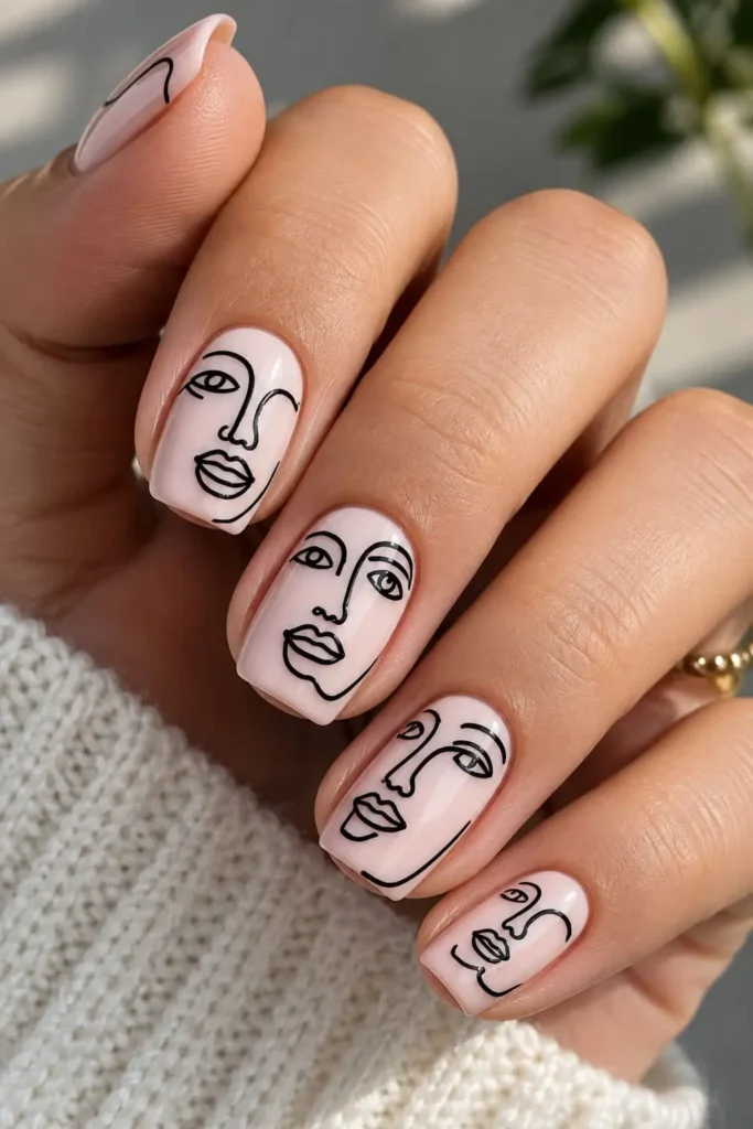Black and white abstract line art nails with curved minimalist patterns