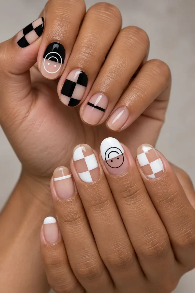 Black and white checkered nails with a modern retro-inspired grid pattern