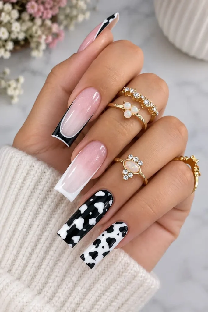 Black and white cow print nails with irregular spots on a white base