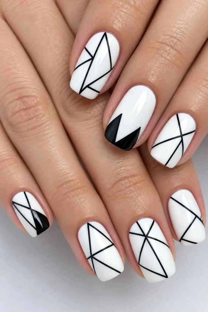 Black and white geometric nail designs with angular shapes and clean lines