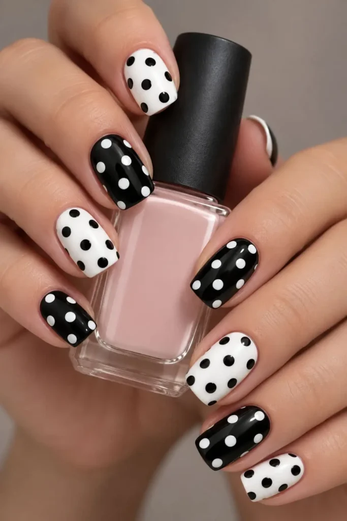 Black and white polka dot nails with playful dots arranged over a contrasting base