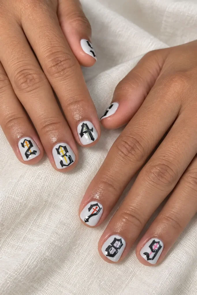 Bleach Espada nails with gothic numbers, sword accents and colorful anime-inspired designs