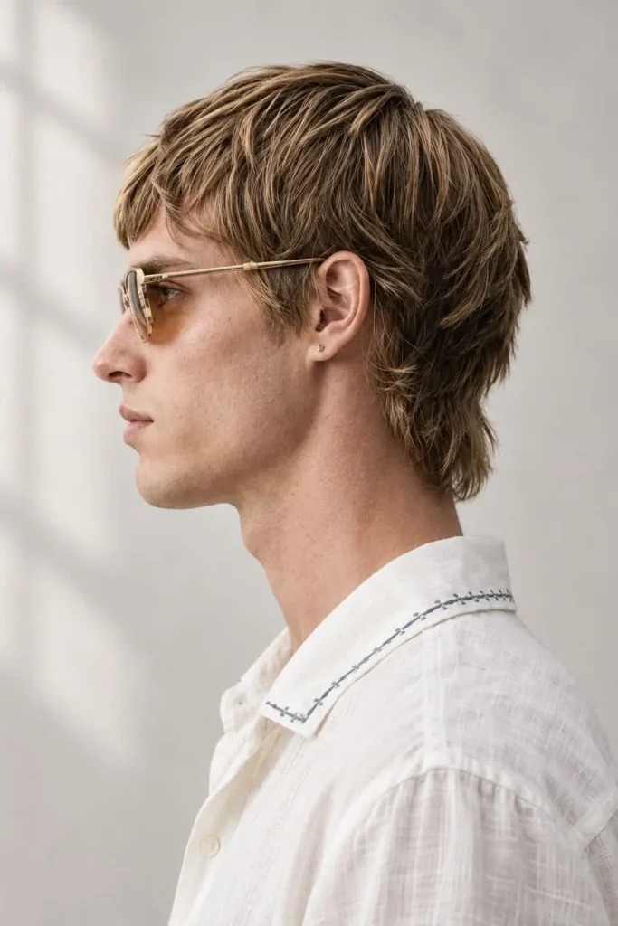 Blonde mod haircut with rounded layers, tight sides, and soft fringe
