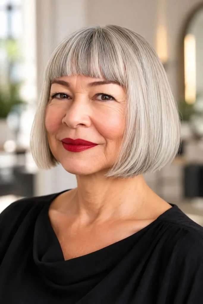 Chin-length blunt bob for women over 60 with fine straight hair