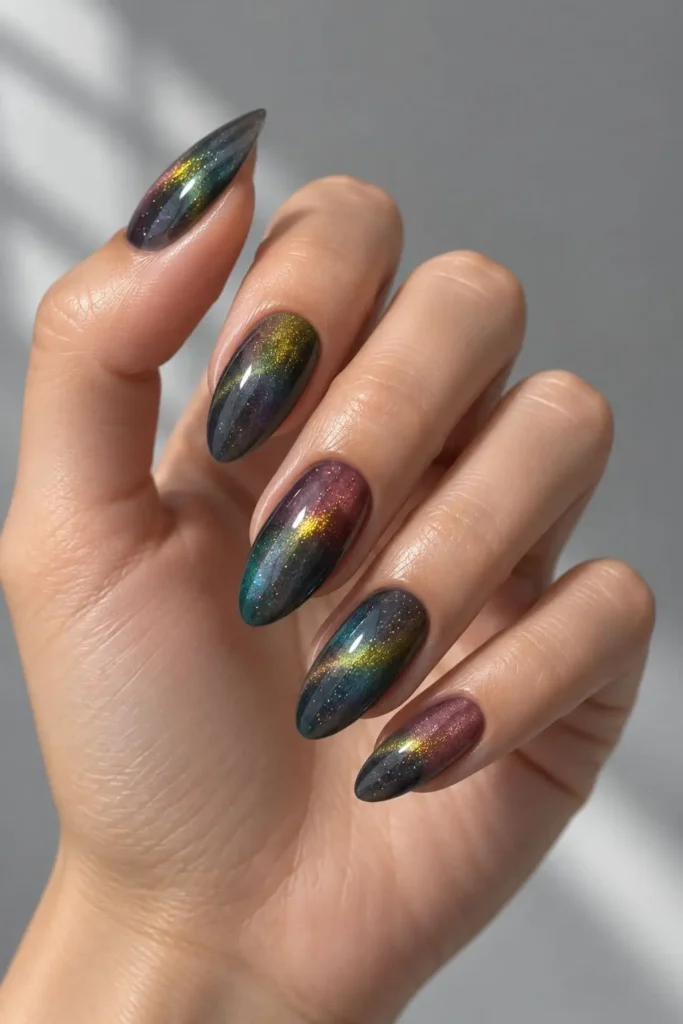 Boho stained glass gel nails with jewel tones and gold shimmer
