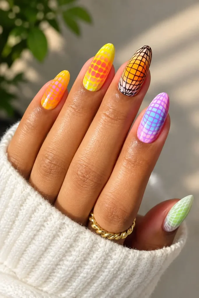 Bold geometric aura nails combining bright glowing colors with criss-crossing line art