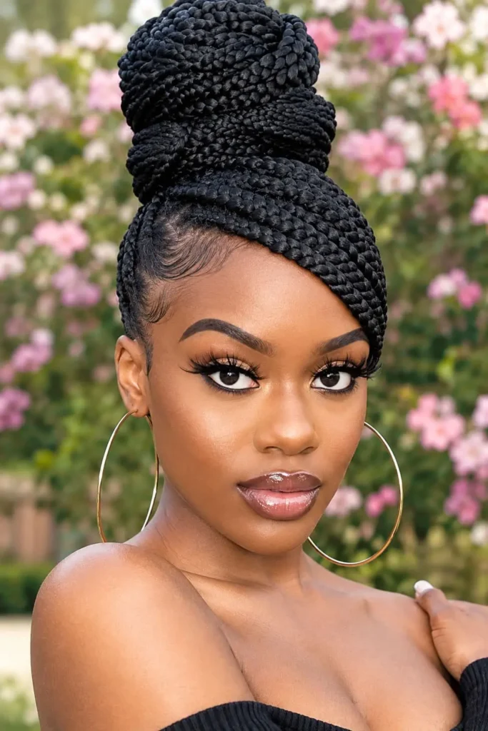 Box braid bun with a high updo and sleek side swoop