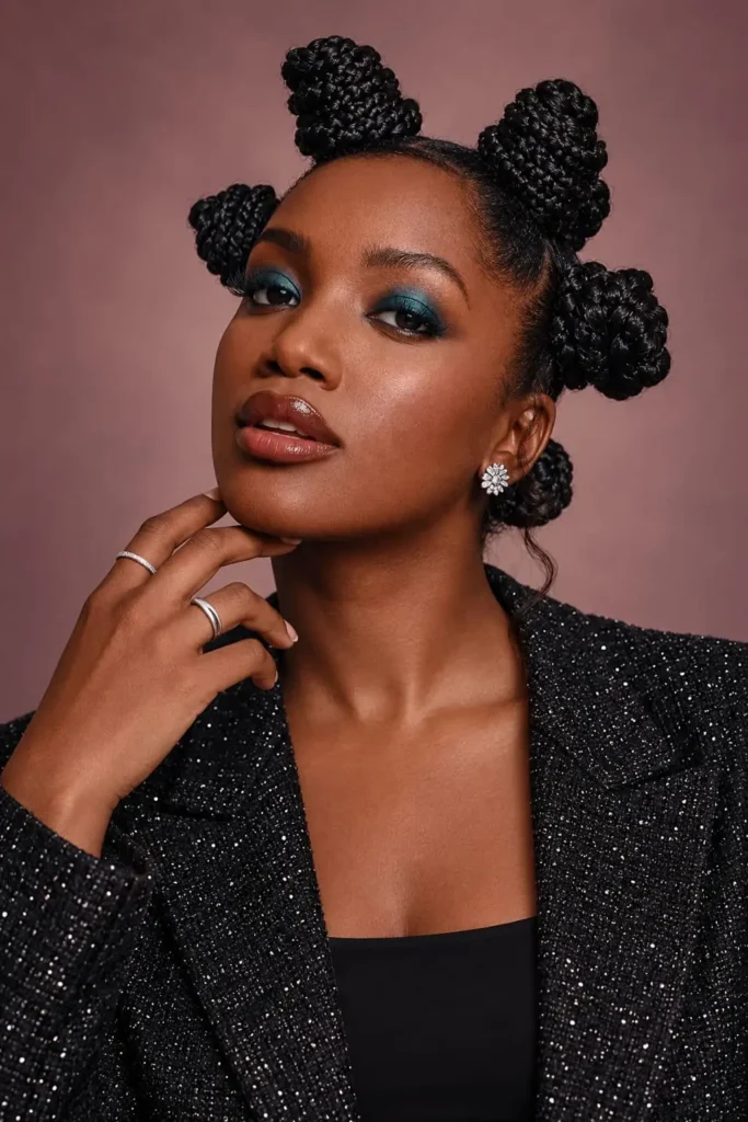 Braided Bantu knots coiled into compact textured buns